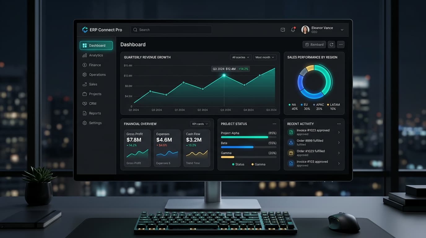 Uma tela de computador mostrando um dashboard de ERP moderno com gráficos e tabelas.